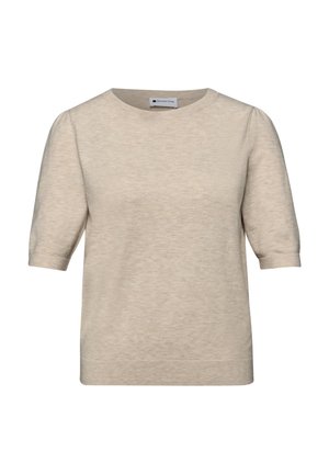 Pull beige en maille à manches courtes avec col rond et légères manches ballons, présenté sur un fond blanc.