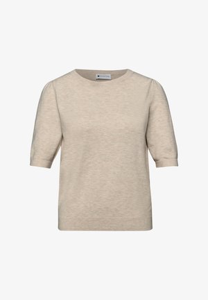 Suéter corto beige de manga corta tejido con escote redondo y mangas ligeramente abullonadas, mostrado sobre un fondo blanco.