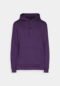Sudadera morada con un bolsillo canguro en la parte frontal, capucha con cordón y logo grabado en el pecho. Fabricada con material suave y un ajuste cómodo.