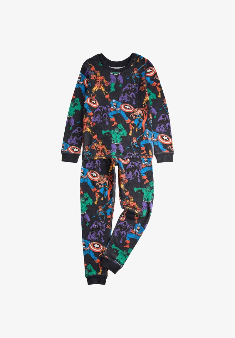 Set di pigiama a maniche lunghe realizzato in morbido tessuto, con uno sfondo nero e grafiche colorate di supereroi, tra cui Hulk e Iron Man.