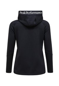 Black hooded sweatshirt with a fitted design, featuring a white "PeakPerformance" logo on the back, smooth texture, and long sleeves.