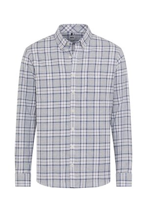 Lichtgrijze overhemden met een navy en witte ruitpatroon. Heeft een kraag, lange mouwen en een knoopsluiting aan de voorkant.