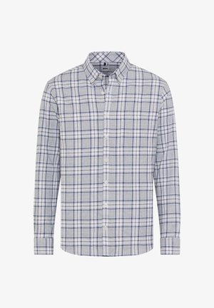 Lichtgrijze overhemden met een navy en witte ruitpatroon. Heeft een kraag, lange mouwen en een knoopsluiting aan de voorkant.