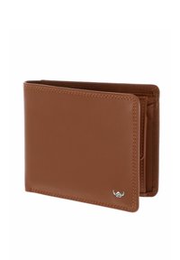 Portefeuille en cuir brun à deux volets avec coutures visibles et un petit emblème argenté dans le coin inférieur avant.