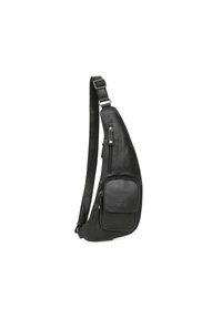 Borsa a tracolla nera in pelle con forma curva, tracolla regolabile e tasca anteriore con zip. Presenta una texture liscia e hardware minimale.