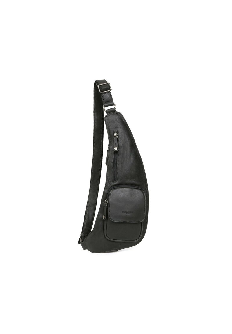 Borsa a tracolla nera in pelle con forma curva, tracolla regolabile e tasca anteriore con zip. Presenta una texture liscia e hardware minimale.