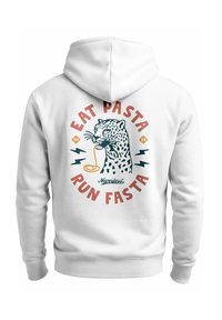 White hoodie featuring a graphic of a leopard with pasta, surrounded by the text "EAT PASTA RUN FASTA" in red and blue, with lightning bolts.