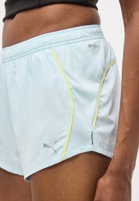 Κοντινό πλάνο ενός ατόμου που φοράει ανοιχτό μπλε αθλητικές βερμούδες με κίτρινο περίγραμμα, λογότυπο Puma και το κείμενο «DRYCELL» στην περιοχή της μέσης.