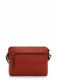 Borsa a tracolla rossa in pelle con una superficie liscia, dotata di una tasca con zip sulla parte anteriore e di una tracolla staccabile. Forma rettangolare.