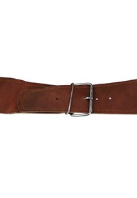 Brown leather belt with a smooth texture, a metal buckle, and stitching along the edges. Features five adjustment holes for fit.