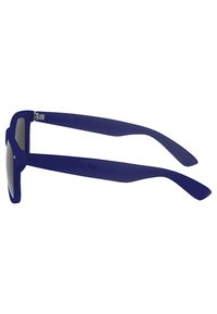 Ochelari de soare din plastic albastru cu un cadru pătrat, lentile plate și brațe înguste. Finisajul mat are o textură netedă. Vedere laterală afișată.