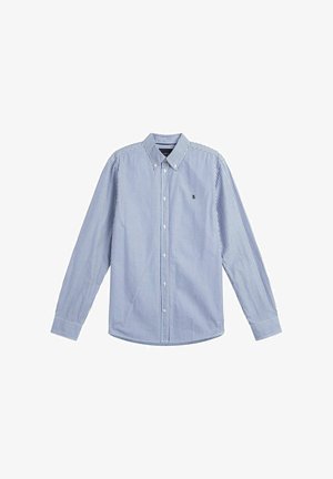 Blauw-wit gestreept shirt met lange mouwen, een button-down kraag en een klein logo op de borst. Heeft een knoopsluiting en contrasterende manchetten.