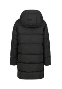 Zwarte pufferjack met capuchon, voorzien van een gestikt ontwerp, verticale naden en een rechte snit. Materiaal lijkt glad en mat.