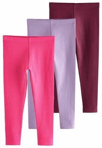 Tre par leggings: stark rosa, ljus lila och mörk burgund. Varje par har en mjuk textur och en slim-fit design.