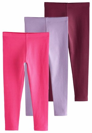 Three pairs of leggings: bright pink, light purple, and dark burgundy. Each pair has a smooth texture and a slim-fit design.