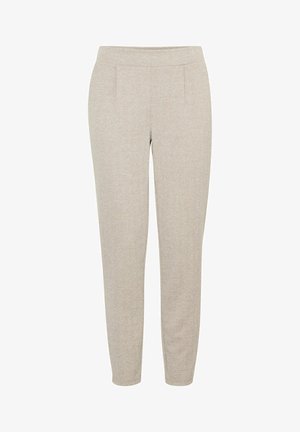 Pantalons en beige à motif en chevrons avec une texture lisse, des jambes effilées et des poches latérales. Dotés d'une taille élastique pour plus de confort.