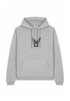 Hoodie gris avec une grande poche avant, arborant un graphique de papillon noir et le texte "s'envoler". Fabriqué en textile doux.