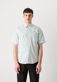 Világoszöld, rövid ujjú, gombos ing, mellzsebbel, sima textúrával és normál gallérral. Minta nélküli, minimalista stílus.