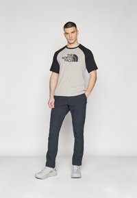 Camiseta de manga corta en gris claro y negro con el logo de "The North Face", combinada con pantalones oscuros y zapatillas grises. Diseño y ajuste simples.