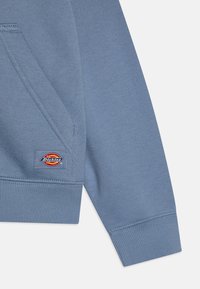 Sweatshirt azul claro com um bolso canguru, punhos canelados e uma etiqueta de tecido com um logotipo multicolorido. Tecido macio e texturizado.
