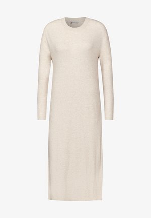 Pitkähihaista neulemekkoa pehmeässä beigen värissä, jossa on pyöreä pääntie ja suora siluetti, ja jonka pinnassa on ribatyyppinen tekstuuri.