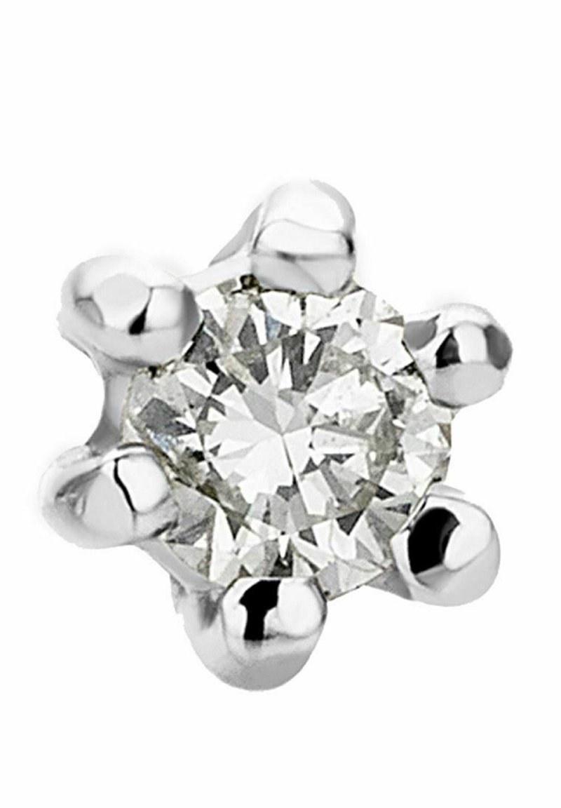 Hõbeda kõrvarõngas, mille keskel on ümar selge teemantidega kaunistatud osa, mida ümbritseb kuus poleeritud, ümarat tipus prõnti jäljendavat prõnti, luues lillekujundi.