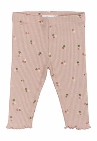 Ružové rebrované legíny s malým multicolor kvetinovým vzorom; elastický pás; volánový lem na členkoch. Neformálny, mäkký materiál.