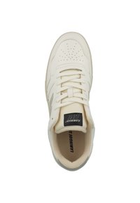 White leather sneaker with perforated toe, flat laces, and a padded collar. Includes a logoed tongue and subtle grey accents on the sides.