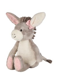 Plush donkey toy with gray and white fur, pink ears lined with fabric, a pink bow on the head, and floral patterns on the feet.