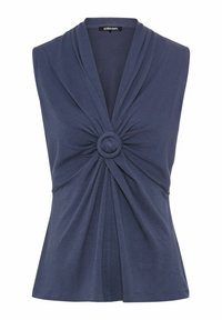 Marineblaues ärmelloses Oberteil aus weichem Stoff, mit einem verdrehten Knoten-Detail in der Mitte, das sanft unter der Brust fällt, in lässiger Passform.