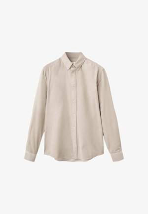 Beige Langarmhemd mit Knopfleiste aus weichem Stoff, ausgestattet mit einem spitz zulaufenden Kragen, einer Knopfleiste vorne und Ein-Knopf-Manschetten.