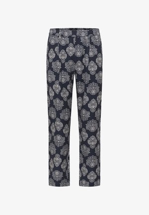 Tengerészeknél használt nadrág fehér virágmintával, rugalmas derékpánttal, szűkített lábszárral és könnyű anyaggal. Alkalmas napi viseletre.