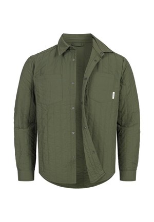 Olivgrünes, gesteppte Langarmhemd mit Druckknöpfen, zwei Brusttaschen und Kragen, teilweise aufgeknöpft gezeigt.