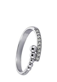 Bague en argent présentant un anneau courbé, des accents sphériques lisses et une rangée de pierres précieuses claires sur un côté. Finition polie et design minimaliste.