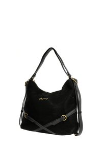 Bolso de ante negro con diseño holgado, cierre de cremallera, detalles en tono dorado y una correa bandolera desmontable.