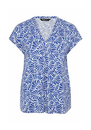 Blusa de manga corta azul y blanca con patrón de hojas en espiral y cuello en V.