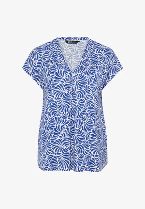 Blauw-witte blouse met korte mouwen, een draaiend bladmotief en een V-hals.