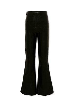 Pantaloni neri a vita alta e gamba larga in tessuto liscio con chiusura lampo frontale su sfondo bianco.