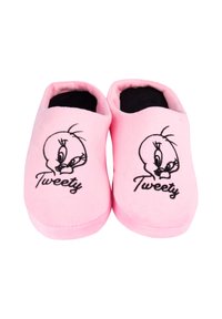 Pantofole in feltro rosa con un design ricamato di Titti in nero e la scritta "Tweety" sul davanti. Texture morbida e stile slip-on.