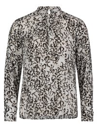 Long-sleeve blouse in lightweight fabric featuring a monochrome leopard print, high neck with a keyhole opening, and buttoned cuffs.