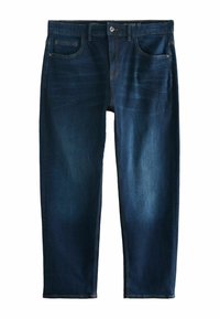 Tmavě modré džíny z denimu s uvolněným střihem, které mají pět kapes, zipový pas a kontrastní žluté švy. Hladká textura.