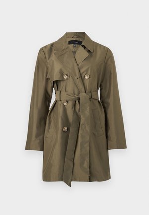 Olivengrønn dobbelspent trenchcoat med belte knyttet i midjen og to sidelommer.