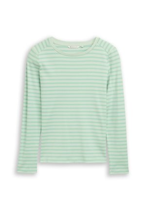 Cămașă cu mâneci lungi, de culoare verde mentă, cu dungi orizontale. Confecționată din material moale, are guler rotund și fante laterale la tiv.