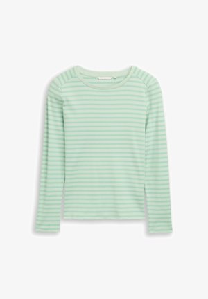 Menta zöld hosszú ujjú ing vízszintes csíkokkal. Puha anyagból készült, kerek nyakkivágással és oldalsó hasítékokkal az alján.