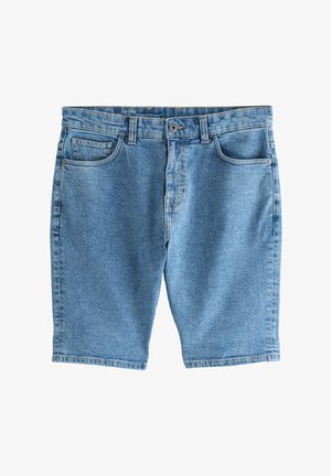 Lystblå denimshorts med fem lommer, syede sømme og en frontknaplukning. Stof har en glat overflade og let tekstur.