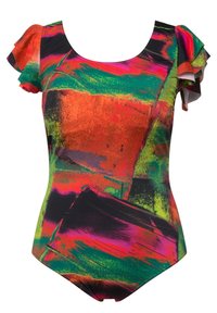 Multicolored zwemoutfit met abstracte penseelstreken in oranje, groen en roze. Gerimpelde mouwen voegen detail toe aan het ontwerp.