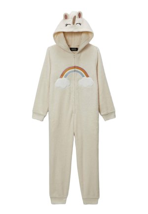 Grenouillère couleur crème avec une capuche licorne, yeux fermés, oreilles, corne et un arc-en-ciel avec des nuages sur la poitrine.