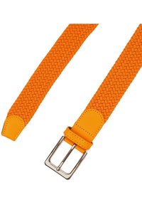 Oranje geweven riem met een leren punt. Voorzien van een zilveren metalen gesp en een gestructureerd ontwerp. Geschikt voor verschillende taillemaat.