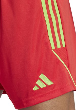 Rote Sportshorts aus glattem Material, mit grünen Seitstreifen und einer strukturierten Akzentuierung. Enthält ein auffälliges gesticktes Logo.