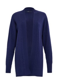 Cardigan de punto color azul marino con un patrón de cable texturizado, con frente abierto, puños y dobladillo acanalados. Tejido suave con un corte relajado.